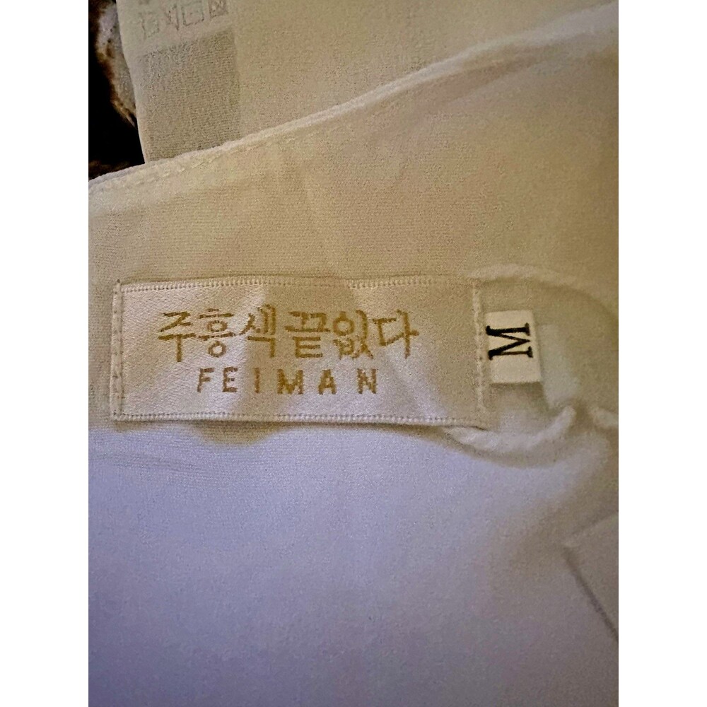 Feiman White Floral Chiffon Midi Dress Short Sleeve Blue Embroidery Size M - Picture 10 of 11